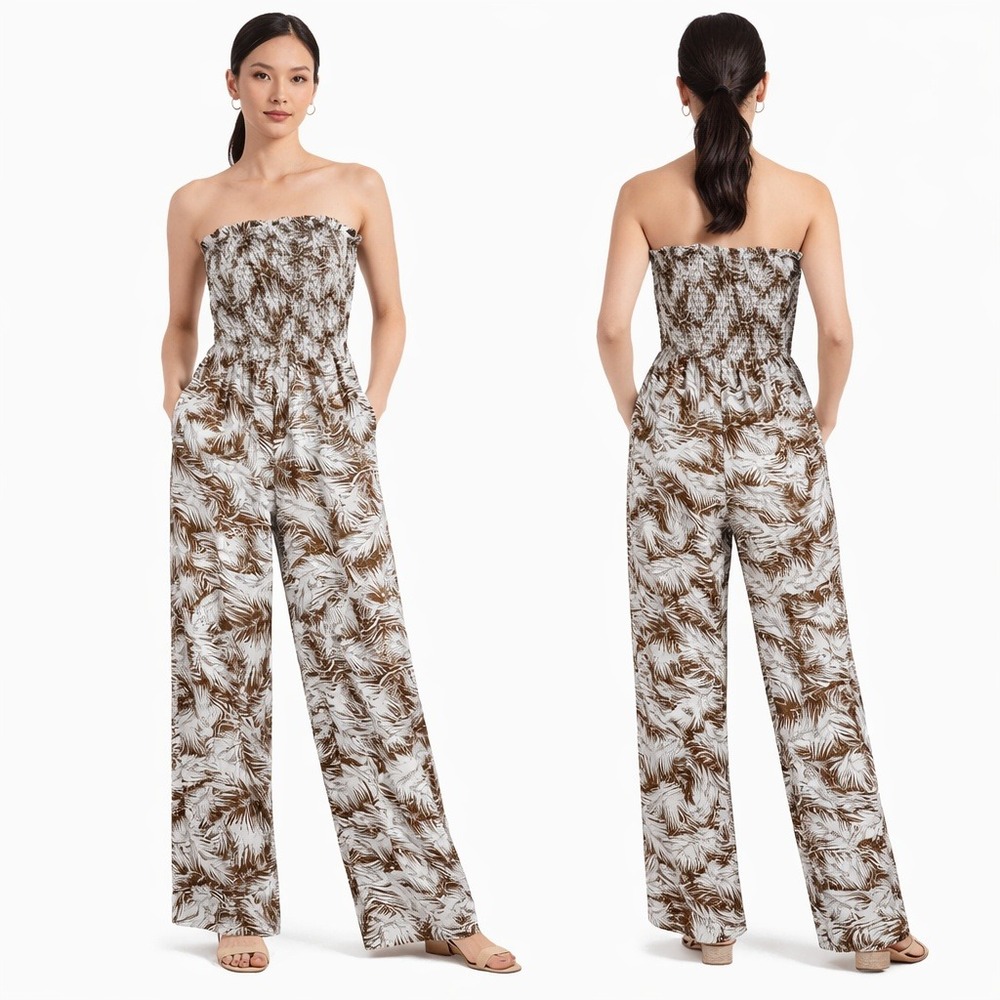 NWT Kori  Palm Leaf Jumpsuit Camel Brown Smocked Pockets Boho Tropical Size M